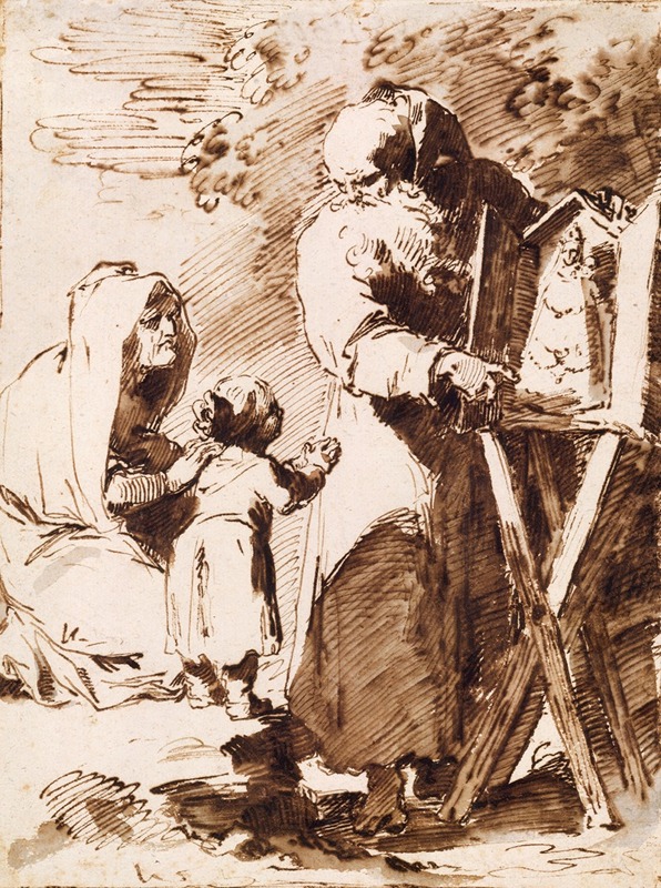 Pietro Antonio Novelli - A Bearded Monk Showing a Portable Altar to a Praying Child, with an Old Woman Kneeling
