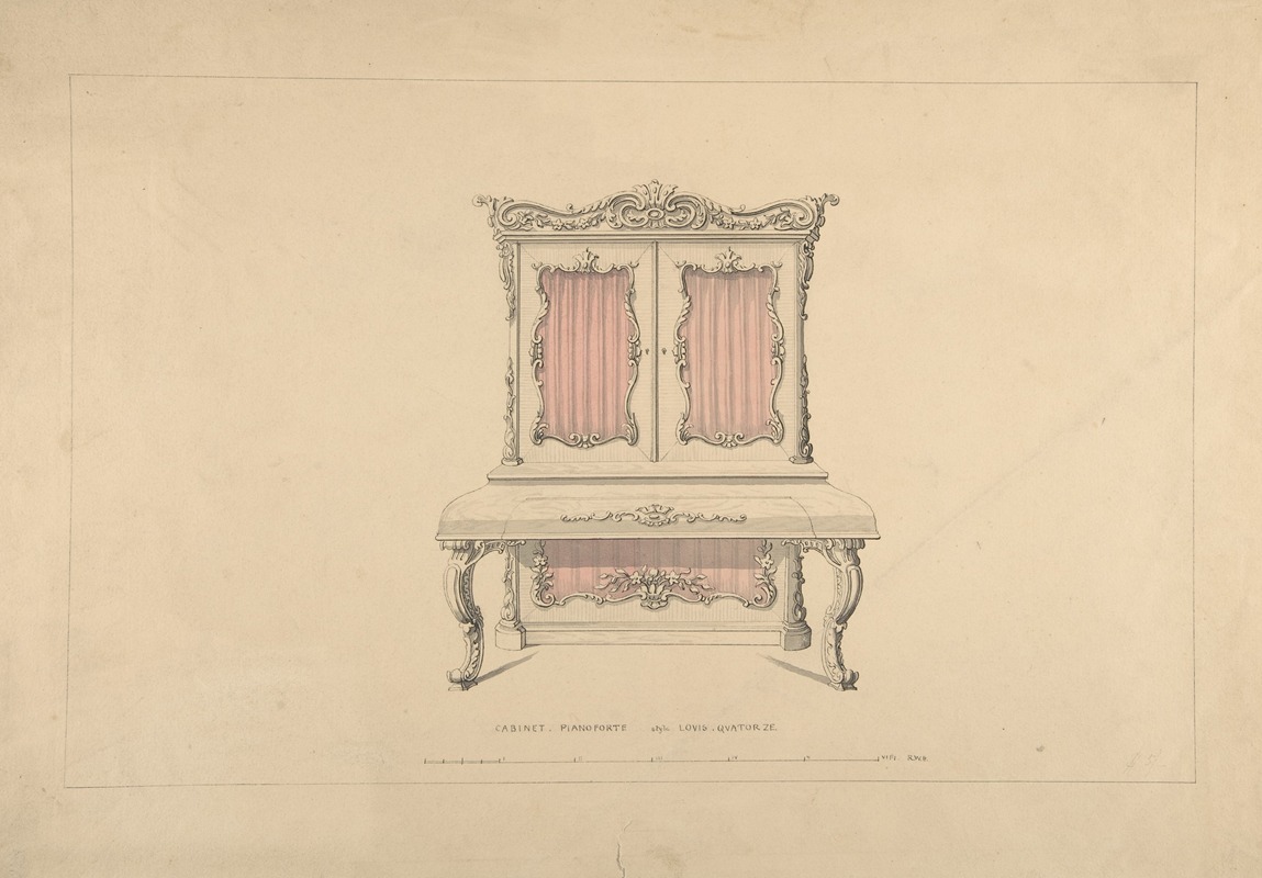 Robert William Hume - Design for Cabinet Pianoforte, Louis Quatorze Style