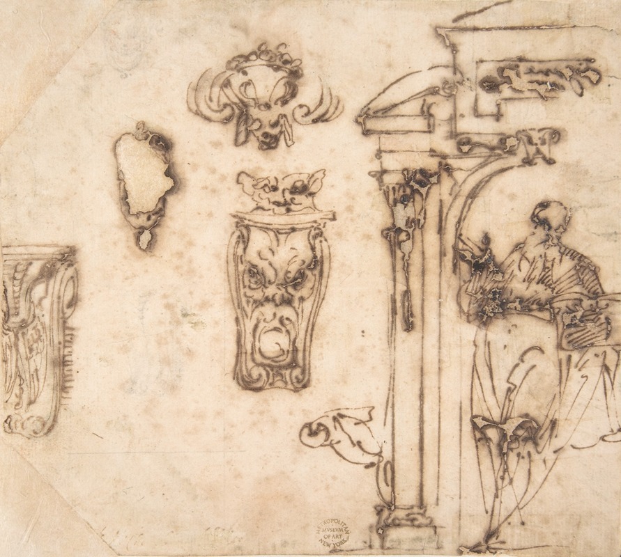 School of Michelangelo Buonarroti - A Figure and Some Architectural Details.