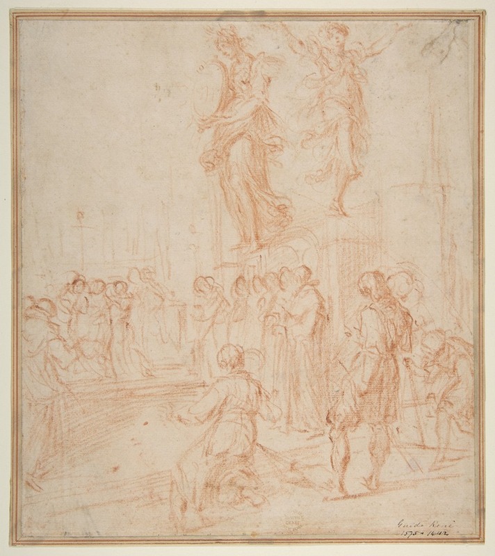 Bernardino Poccetti - Figure Studies; Woman holding a Shield, a Dancing Female, and a Priest Supported at an Altar before a Group of Onlookers