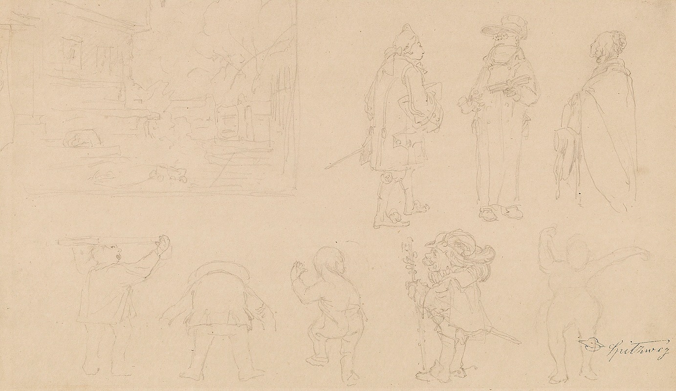 Carl Spitzweg - Skizzenblatt mit 8 Figurenskizzen, darunter Gnome, sowie Gartenkomposition mit Tor, Haus, Hund und Bäumen