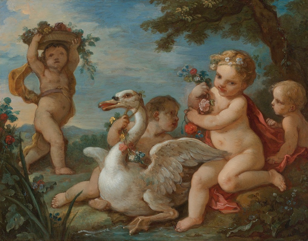 Charles-Joseph Natoire - Putti Adorning A Swan With A Garland Of Flowers