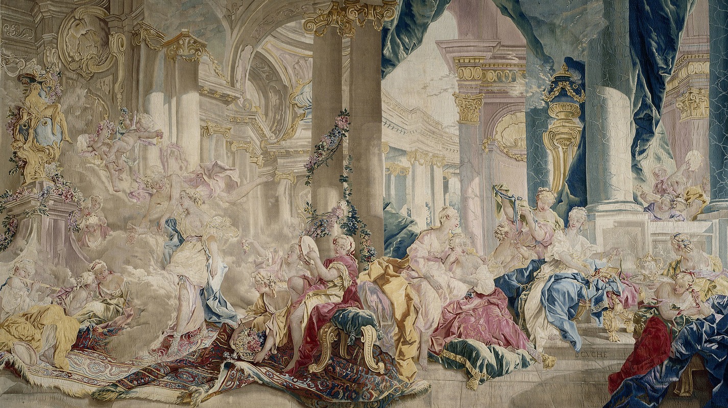 François Boucher - Psyché conduite par Zéphyr dans le palais de l’Amour. Psyché montrant ses richesses à ses soeurs