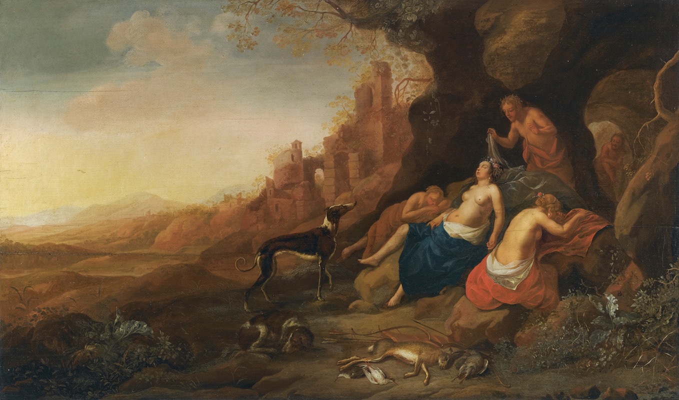 Bartholomeus Breenbergh - Diana And Her Nymphs Resting After A Hunt With Two Satyrs Spying On Them