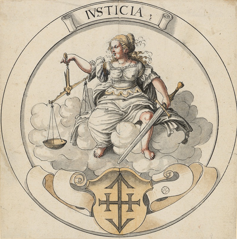 Abraham Bickhart - Scheibenriss im Rund mit Justitia, unten nicht identifiziertes Wappen