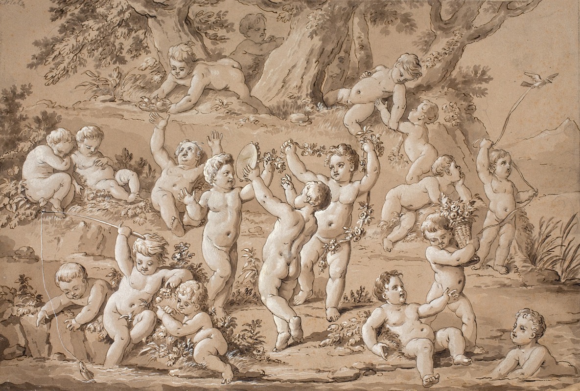 Conrad Martin Metz - A Large Group of Putti Playing Contentedly by a Stream