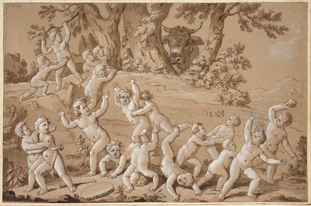 Conrad Martin Metz - A Large Group of Putti Plunged into Terror by the Arrival of a Bull