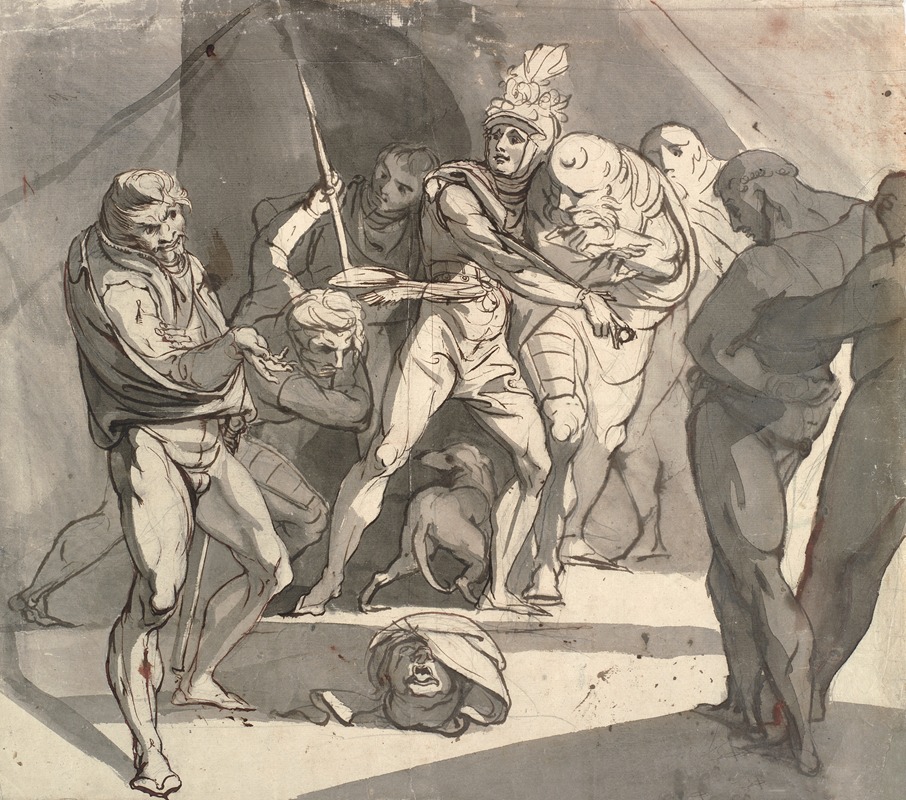 Henry Fuseli - Richard Plantagenet throws the severed head of the duke of Somerset at the feet of his father. Illustration for Shakespeare’s Henry VI, Part 3, act 1, line 20