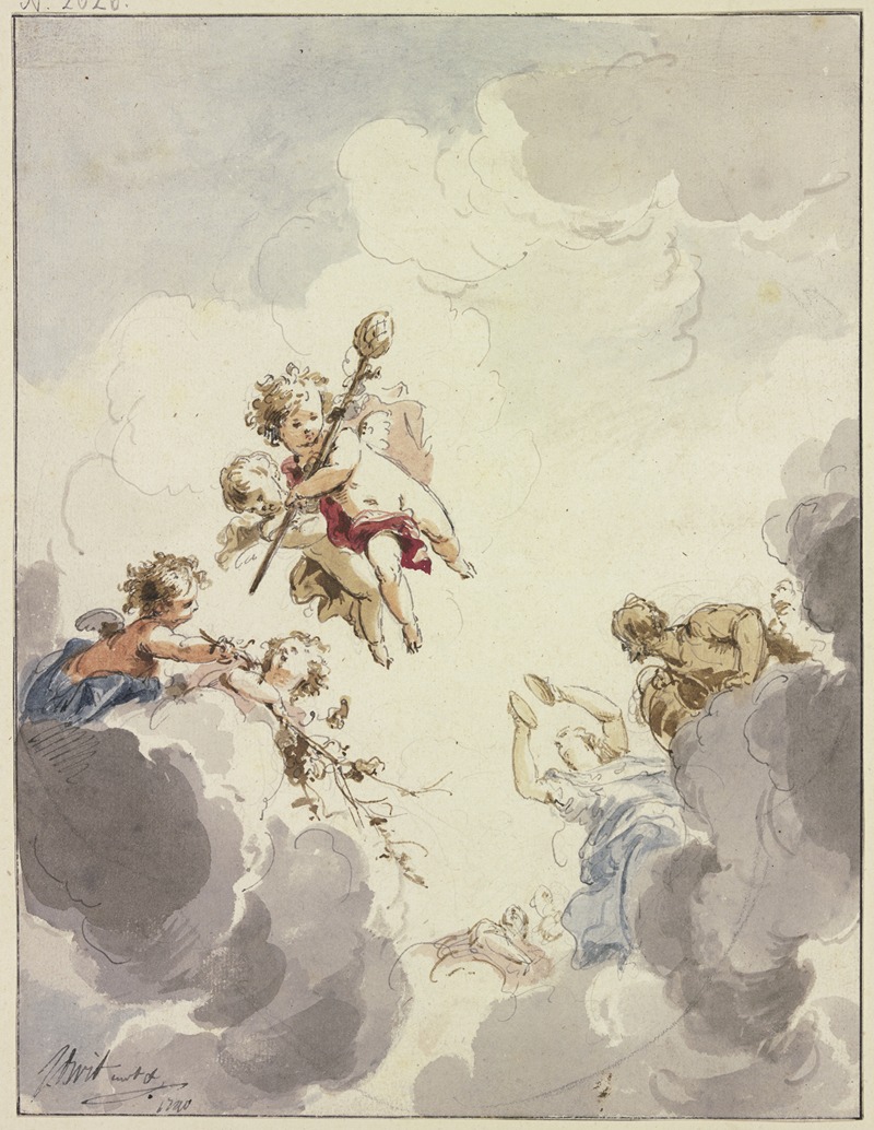 Jacob de Wit - Amoretten mit einem Thyrsusstab und Bacchanten in Wolken