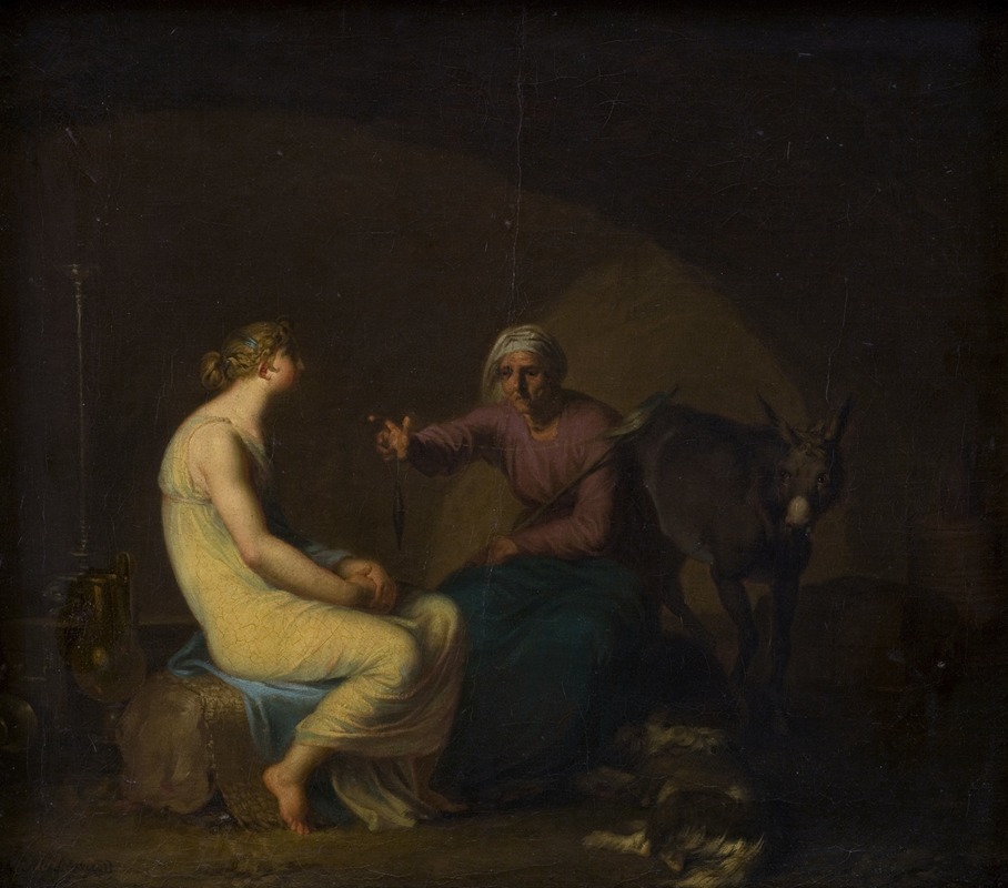 Nicolai Abraham Abildgaard - Røverbandens husholderske trøster den unge pige ved at fortælle myten om Amor og Psyche. Motiv fra Apulejus, Det gyldne æsel