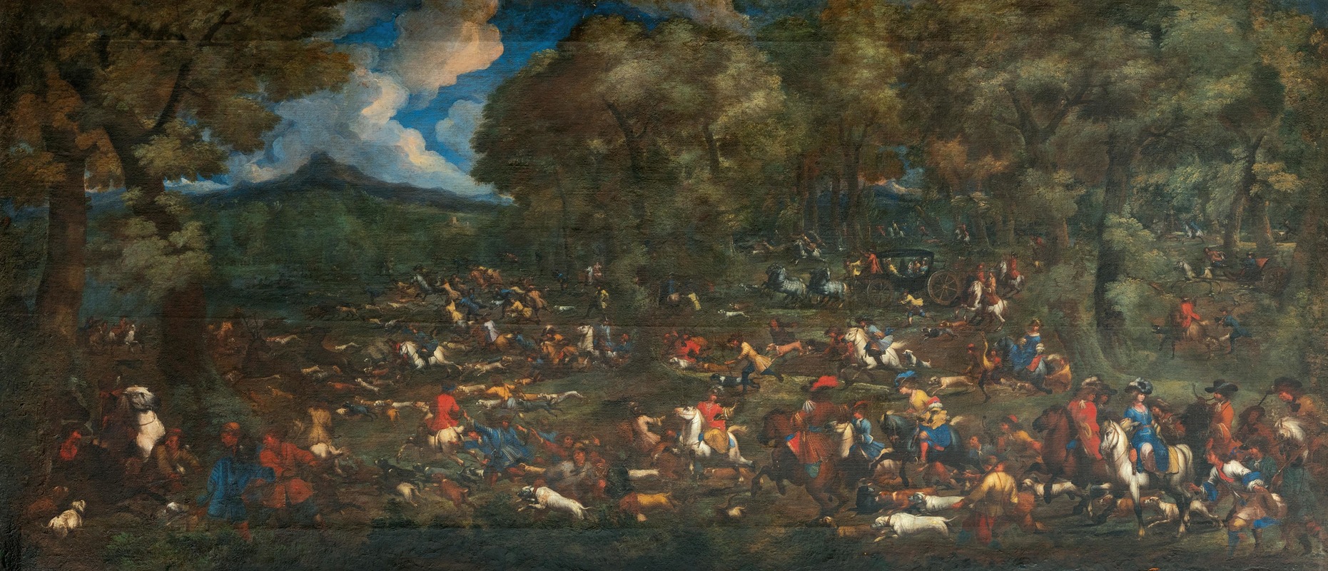 Circle of Adam Frans van der Meulen - Elegant figures on horseback and in carriages following a hunt