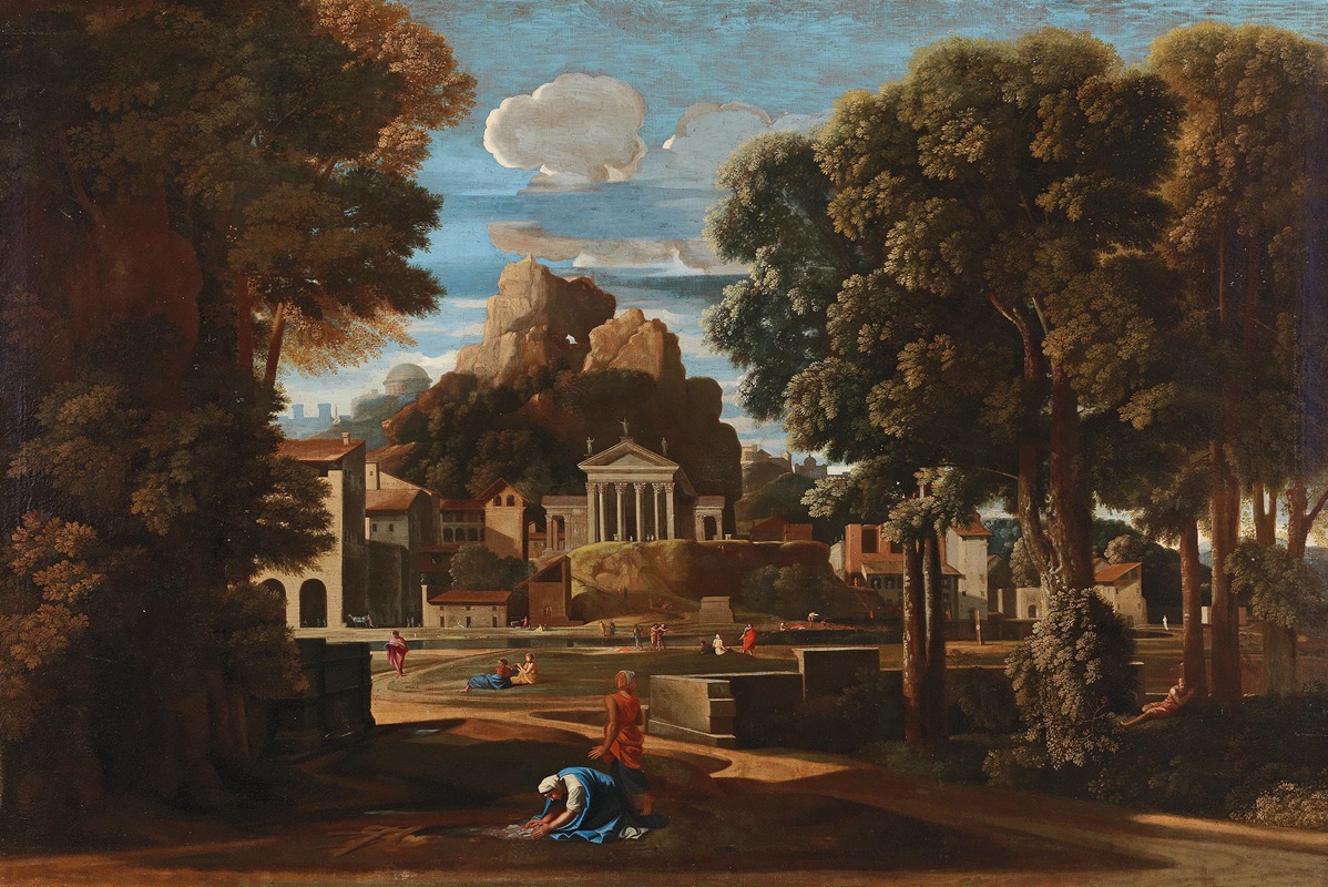 Follower of Nicolas Poussin - Landscape with the gathering of the Ashes of Phocion