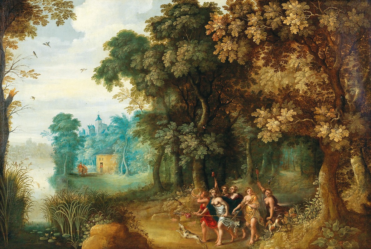 Gerard de la Vallée - A wooded landscape with Diana and her Nymphs