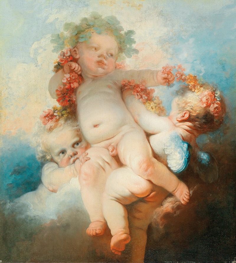 Jean-Honoré Fragonard - Three Putti crowned with flowers