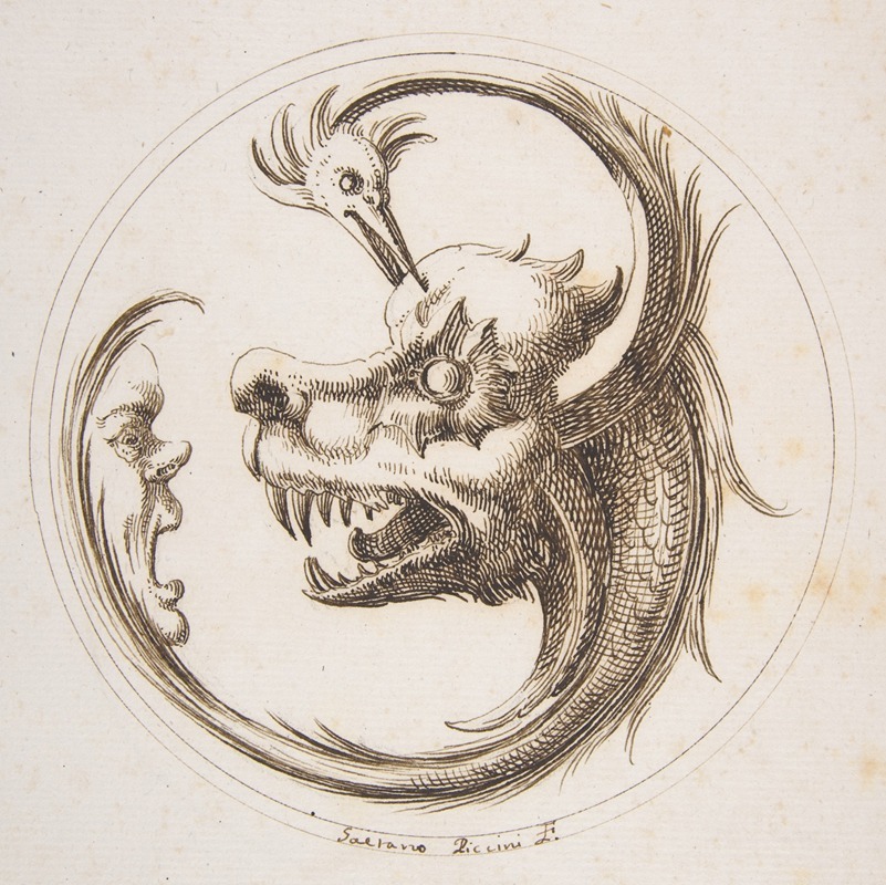 Gaetano Piccini - Two Beasts and a Human Mask within a Circle