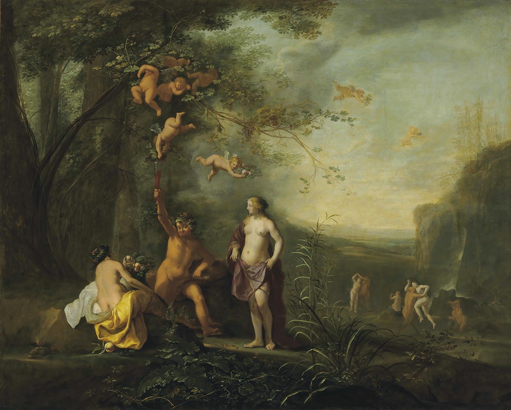 Cornelis Van Poelenburch - Bacchus, Venus and Ceres under a grapevine in a pastoral landscape with putti, nymphs and satyrs