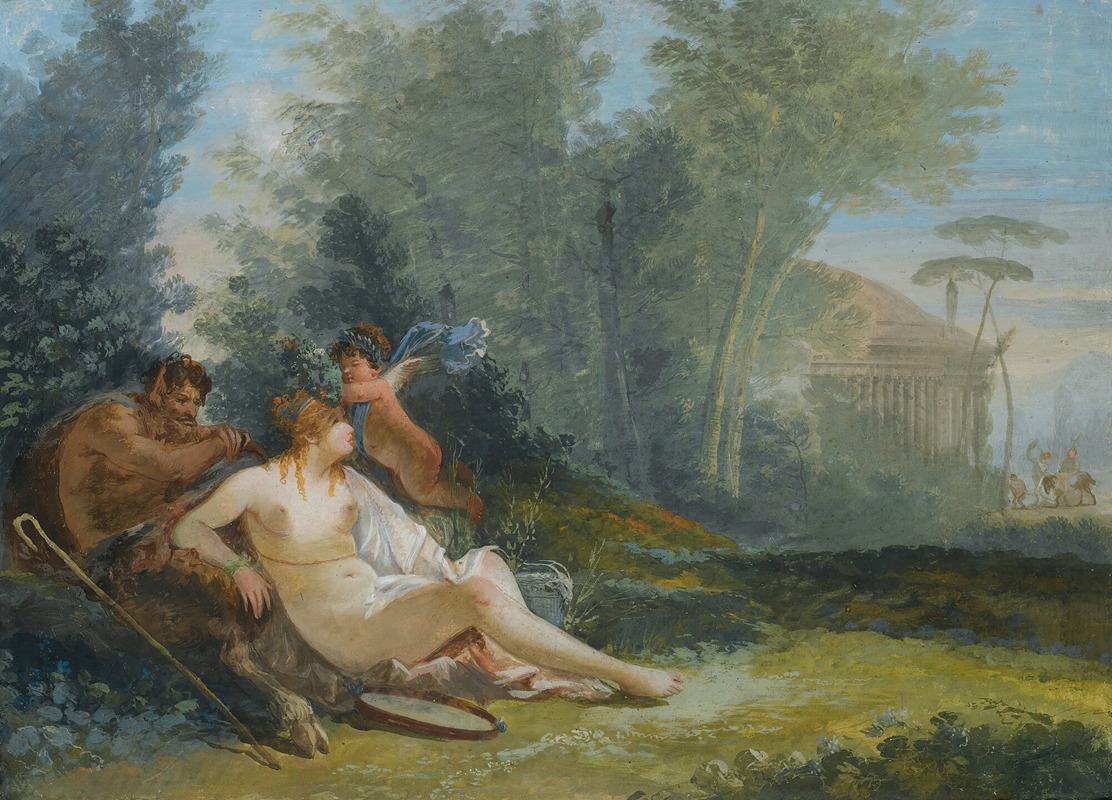 Giuseppe Bernardino Bison - Venus And Cupid With A Satyr In A Classical Landscape