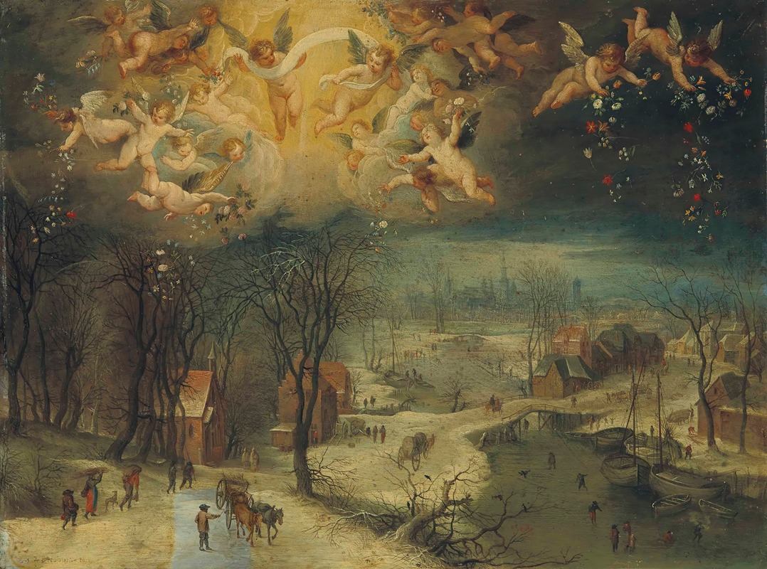 Jan Brueghel The Elder - A winter landscape with villagers gathering wood and skaters on a frozen river, putti scattering flowers above