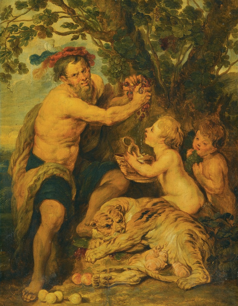 Follower of Peter Paul Rubens - A Drinking Man With Putti And A Tiger