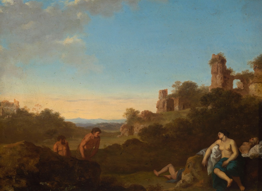 Cornelis Van Poelenburch - Satyrs and sleeping nymphs against Italian landscape