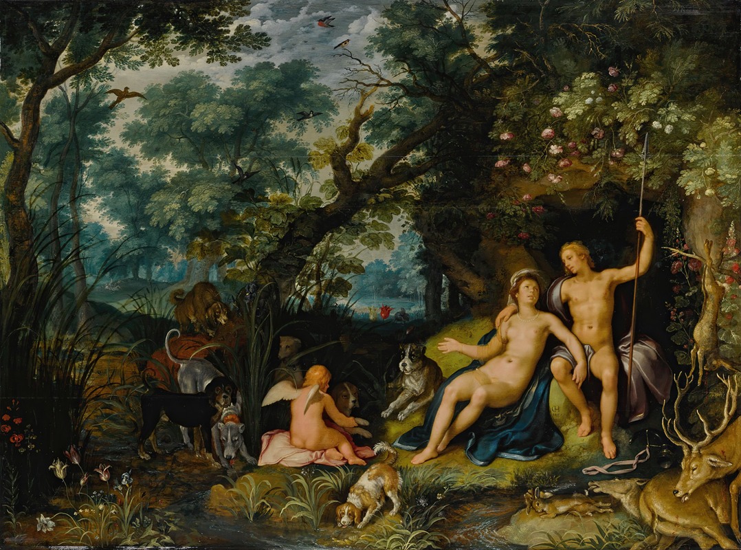 Cornelis Cornelisz Van Haarlem - Venus and Adonis resting in an extensive landscape, with Cupid and hunting dogs and their quarries
