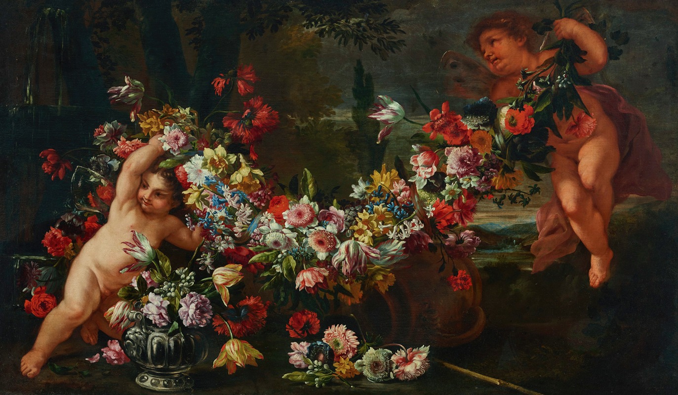 Abraham Brueghel - Garlands of flowers with putti in a landscape