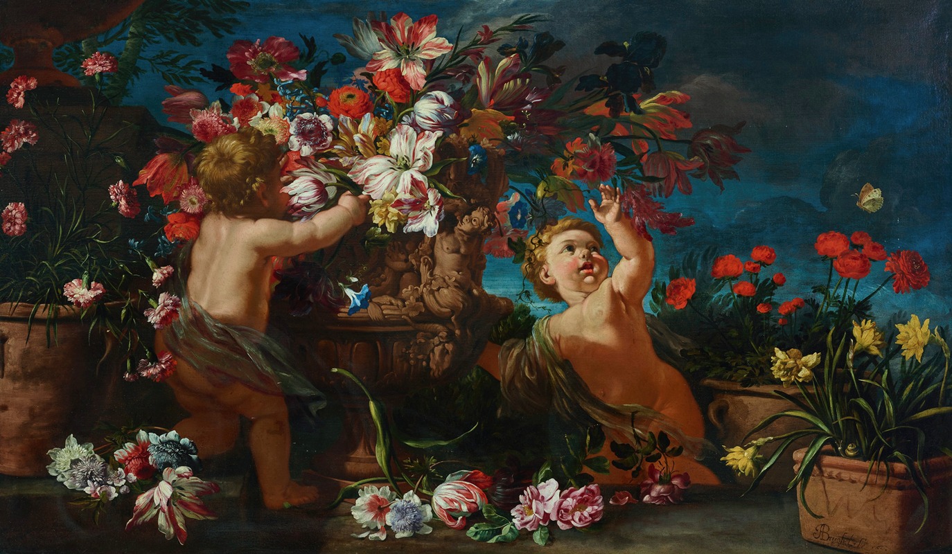 Abraham Brueghel - Vases of flowers with putti in a landscape