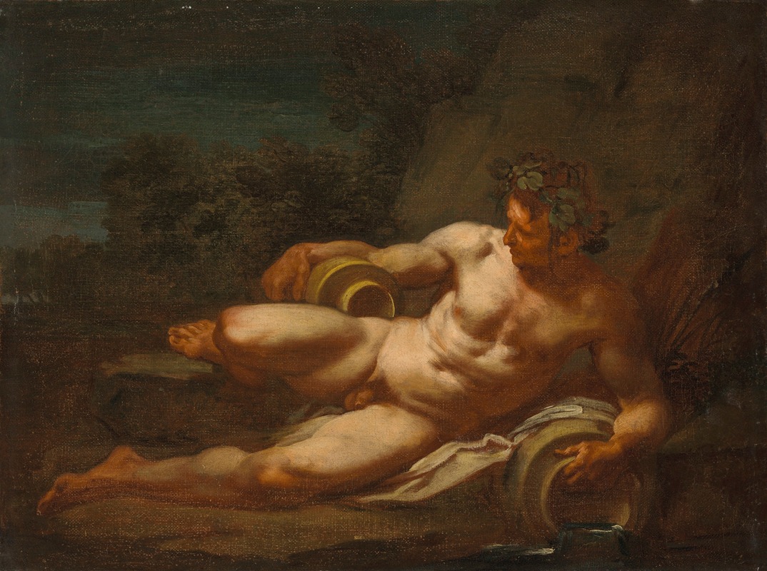 Follower of Nicolas Poussin - A river god reclining in a landscape
