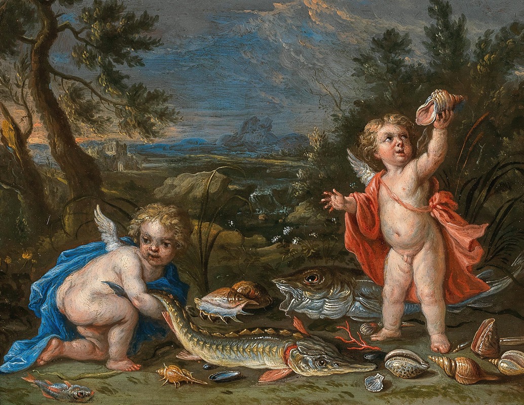 Jan van Kessel the Younger - Two putti with fish and seafood