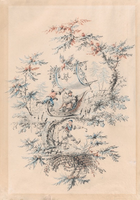 Jean-Baptiste Pillement - Chinoiserie Fantasy with Skaters and an Exotic Figure in an Iceboat
