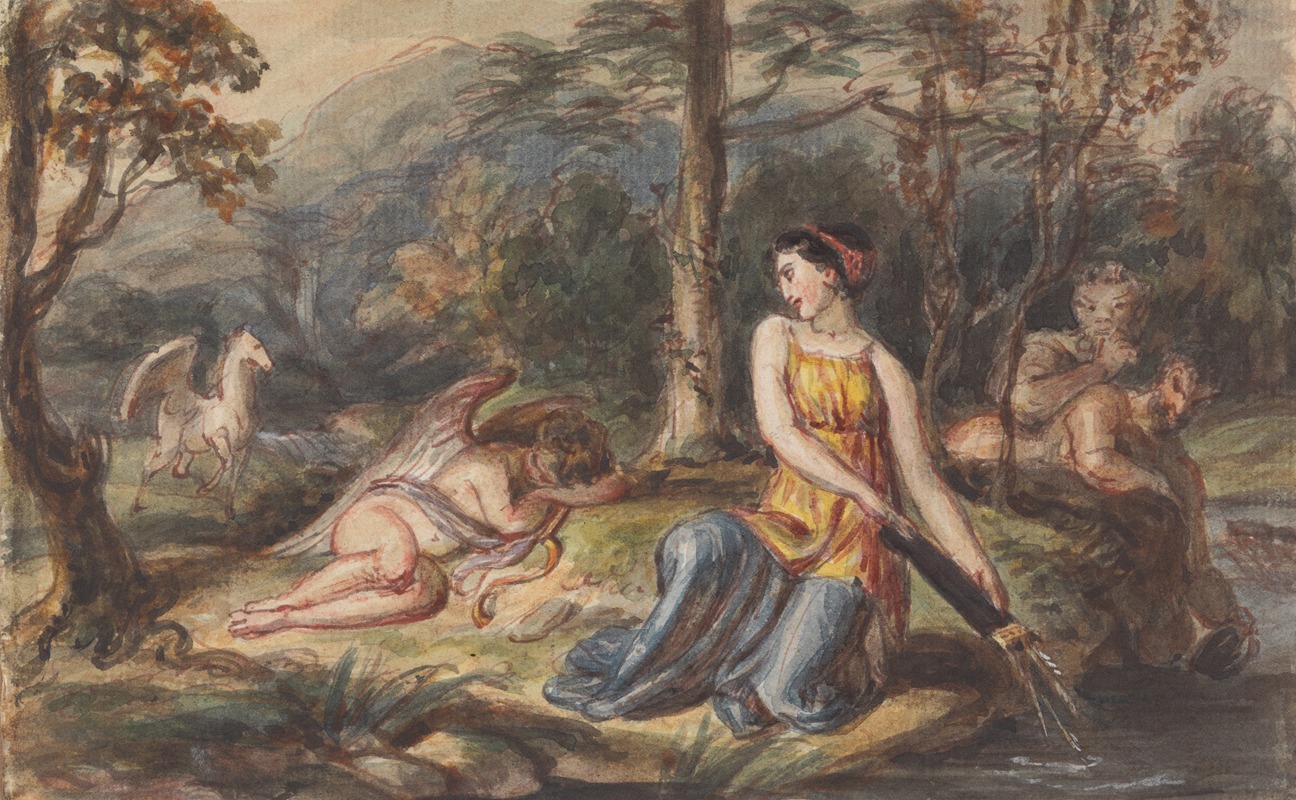 Robert Smirke - Diana, Goddess of the Hunt, with Satyrs, sleeping Cupid and a Pegasus in a Wooded Landscape