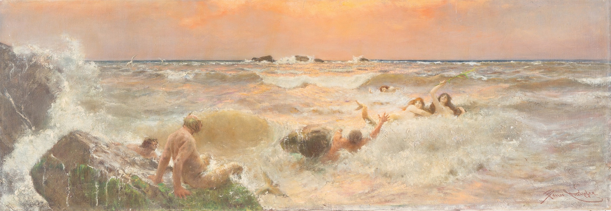 Benes Knüpfer - Mermaids frolicking in the sea at sunset