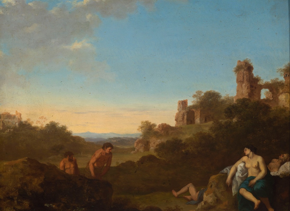 Cornelis Van Poelenburch - Satyrs and sleeping nymphs against Italian landscape