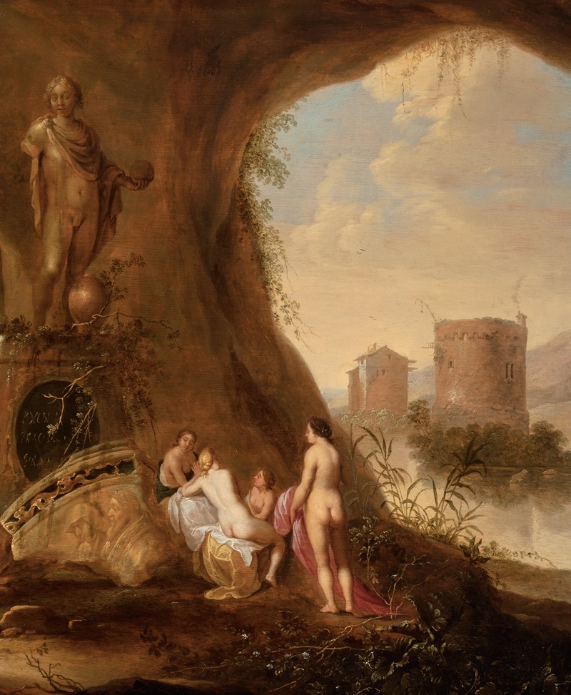 Abraham van Cuylenborch - Nymphs in a grotto by a ruined statue