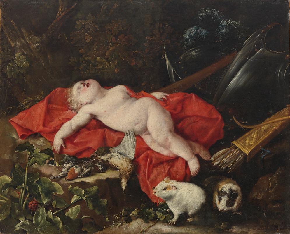 Bartolomeo Guidobono - Cupid sleeping beside hunting paraphernalia with two guinea pigs in the foreground