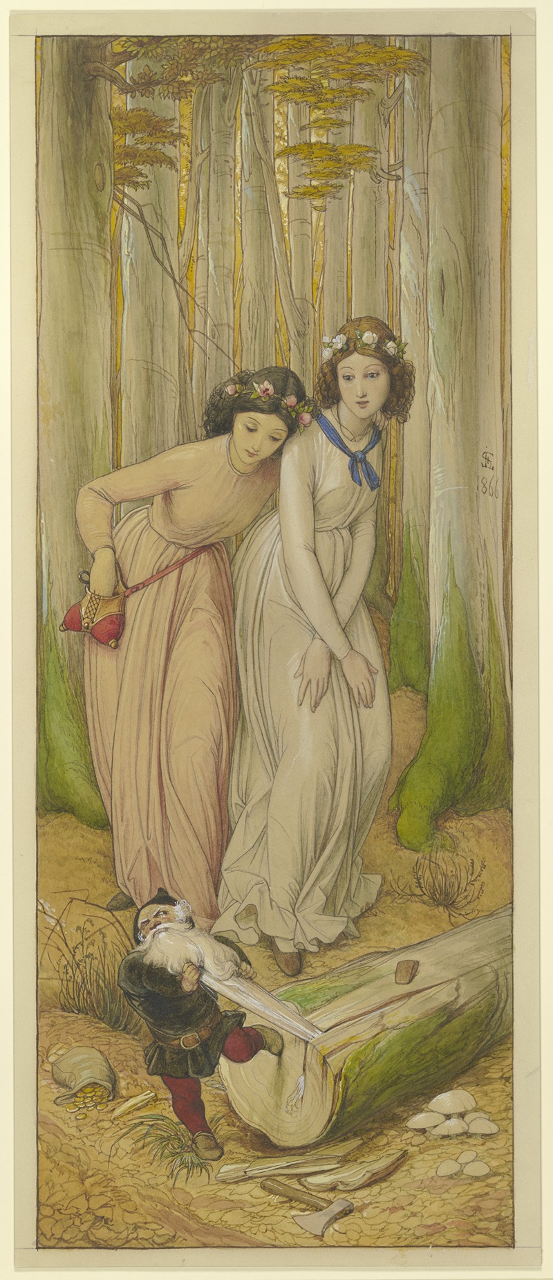 Eduard von Steinle - Schneeweißchen und Rosenrot finden im Wald den Zwerg, dessen Bart sich in einem Baumstamm eingeklemmt hat