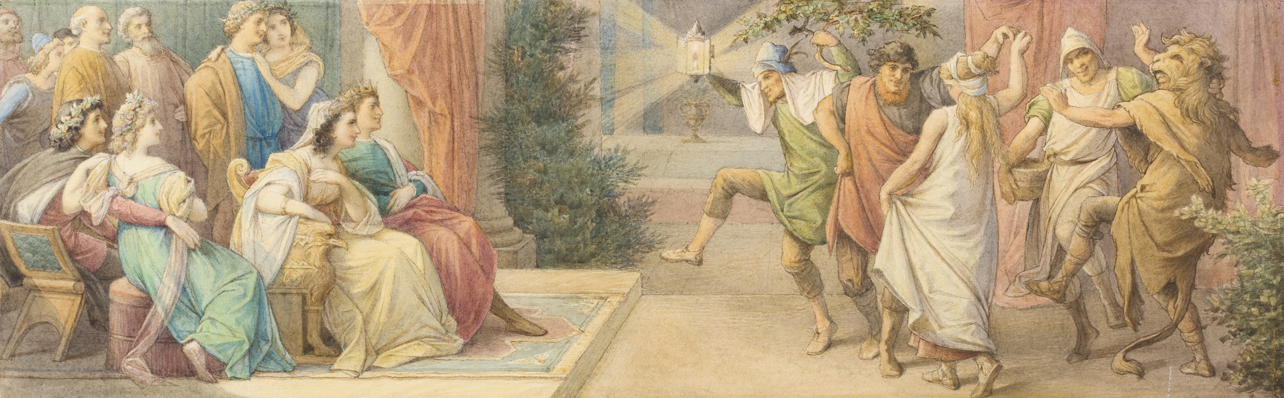 Leopold Bode - Das Herrscherpaar Theseus und Hippolyta, die Brautpaare Demetrius und Helena sowie Lysander und Hermia verfolgen das von den Handwerkern dargebotene Schauspiel