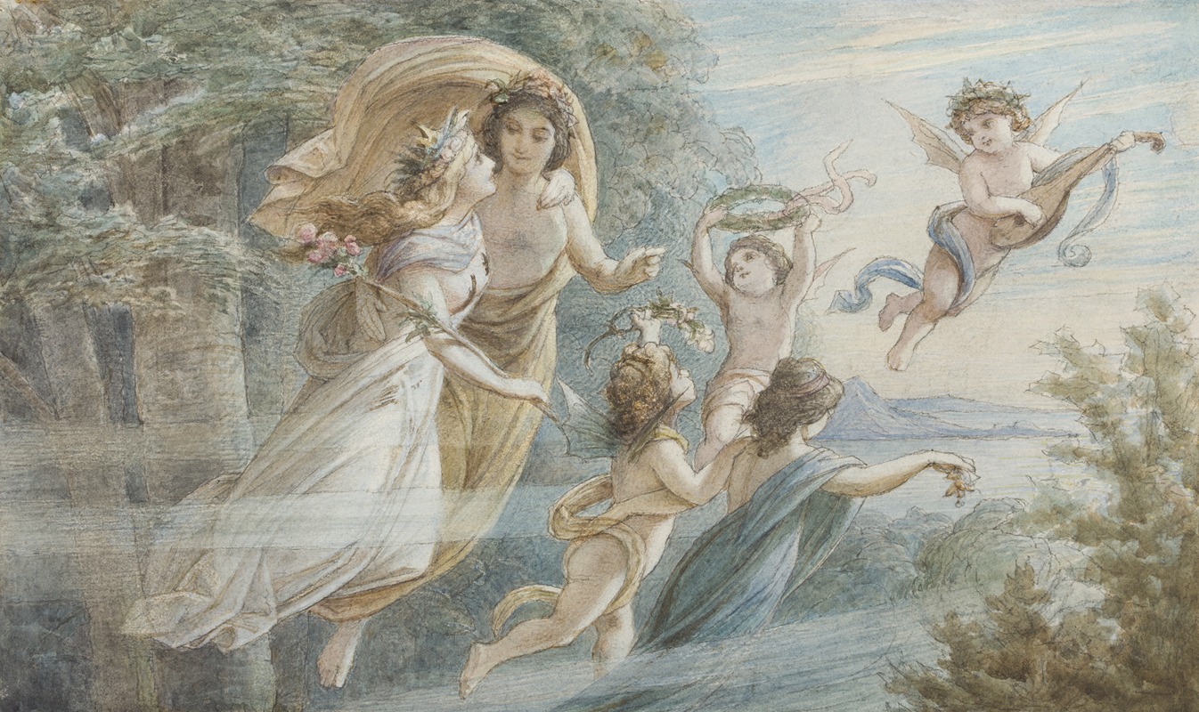 Leopold Bode - Das schwebende Königspaar Oberon und Titania, begleitet von weiteren Elfen