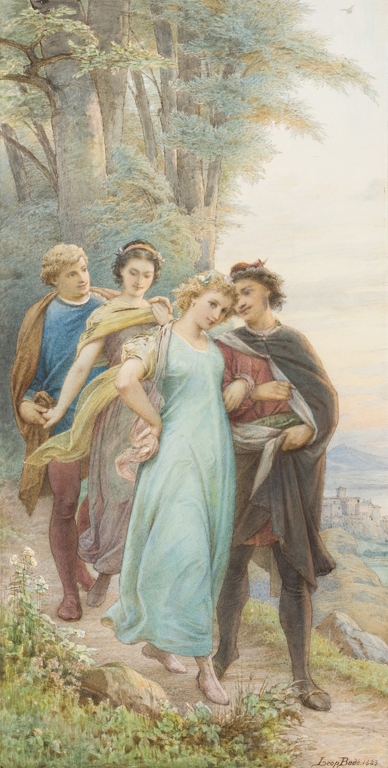 Leopold Bode - Die wieder vereinten Brautpaare auf dem Weg aus dem Wald, vorn Helena und Demetrius, dahinter Hermia und Lysander