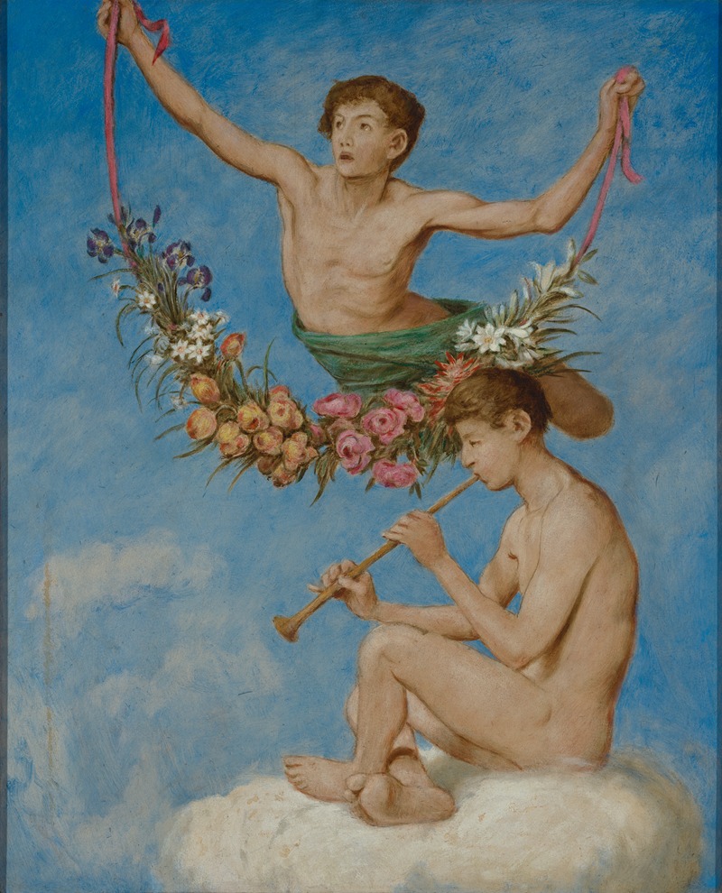 Hans Thoma - Mai (zwei Jugendliche Genien mit Blumen)