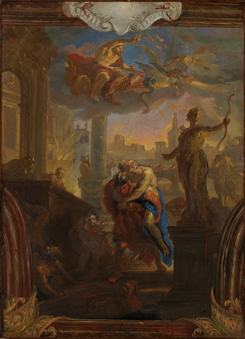 Johann Michael Rottmayr - Aeneas rescues his father Anchises from the burning Troy, Vulcan in the sky on his chariot