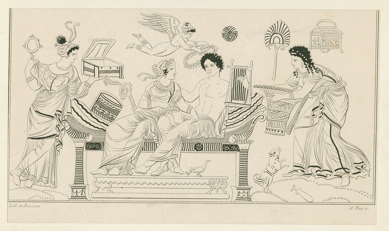 A. Rey - Apollo and Aphrodite on cushioned couch, flanked by female attendants with basket, mirror, box and magic wheel