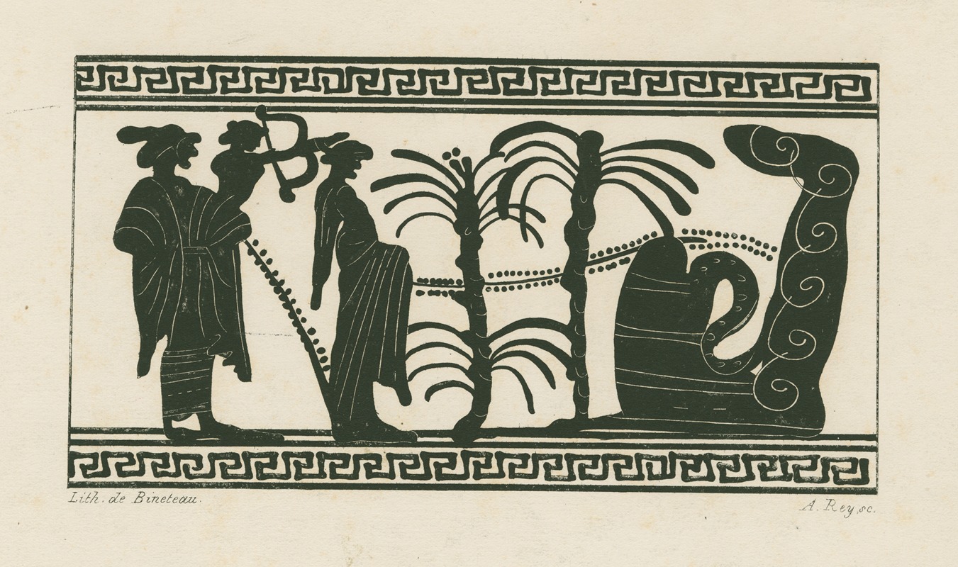 A. Rey - Apollo, held by Leto, shoots at Python in a landscape with palm trees