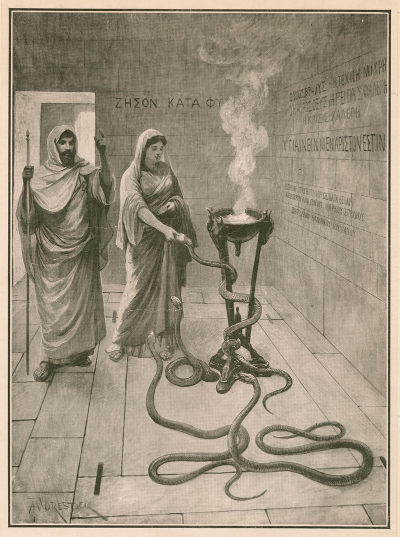 Amédée Forestier - A priest of Asklepios (Aesculapius) and a patient calling up the sacred, non-poisonous snakes