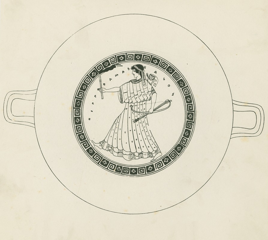 Anonymous - Greek kylix depicting Artemis holding a torch and bow and arrow