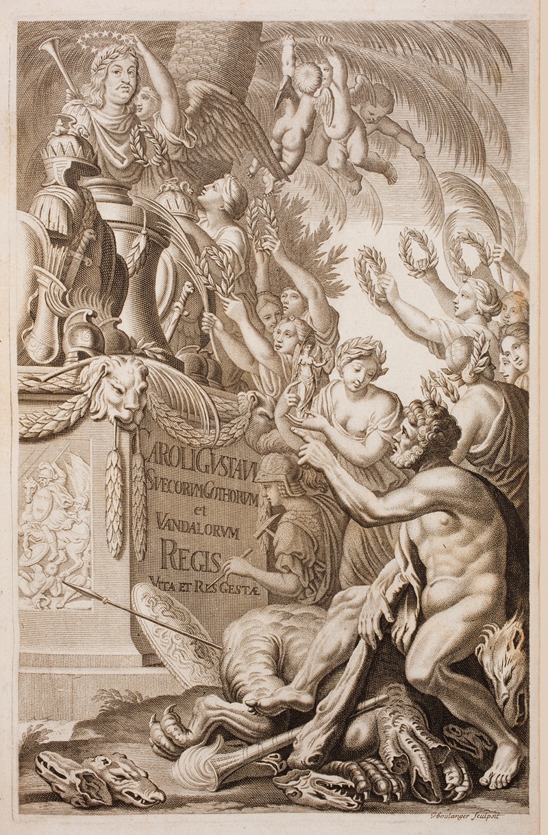 Jean Boulanger - Title page with a bust of Carl Gustaf, king of Sweden, and a host of allegorical figures honouring him