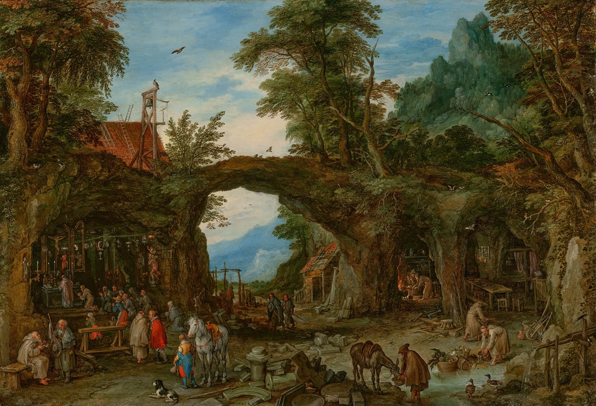 Jan Brueghel The Elder - A mountainous wooded landscape with hermits and a mass being held at a shrine