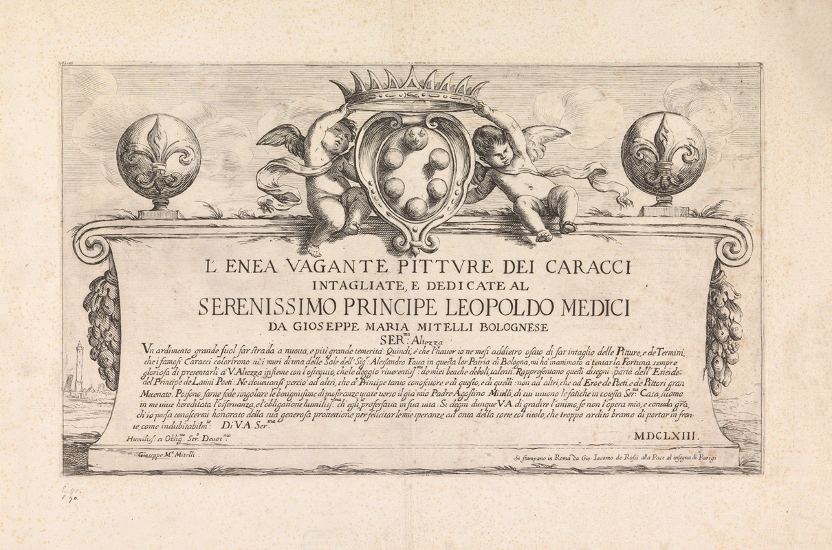 Giuseppe Maria Mitelli - Two putti hold a large crown over the Medici coat of arms in the upper centre