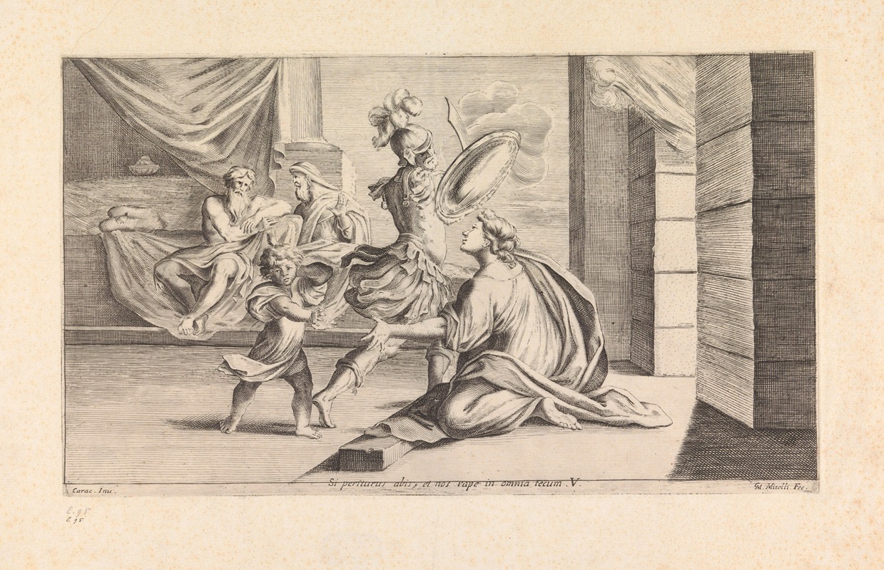 Giuseppe Maria Mitelli - Creusa and Ascanius trying to stop Aeneas from leaving (Si periturus abis, et nos rape in omnia tcum)