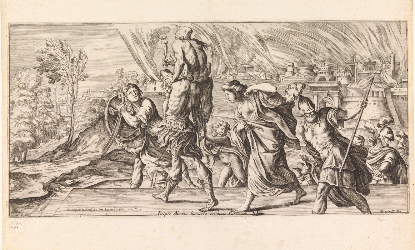 Giuseppe Maria Mitelli - Aeneas fleeing Troy with his family (Eripit Aeneas humeris ex hoste Parentem)